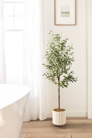 Kate and Laurel 5ft. Green Oliveira Faux Olive Tree with White Planter